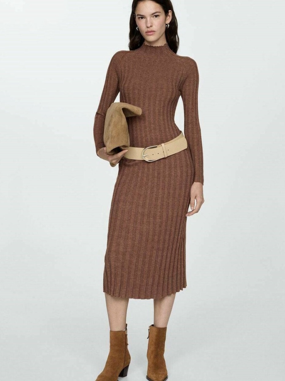 Mango Ribbed Long-Sleeve Midi Dress in Brown